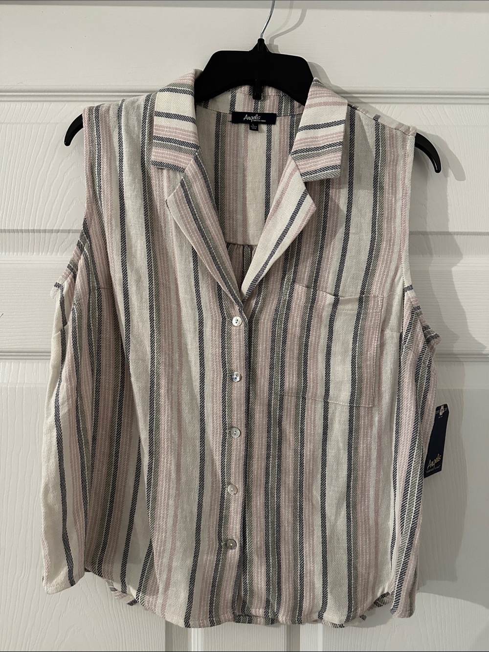 Angels Stripe Button-Up Sleeveless Top in Cream, Pink & Gray